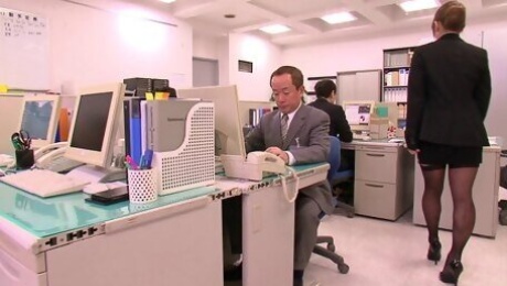 Asian office slut with gigantic natural tits pleases a coworker