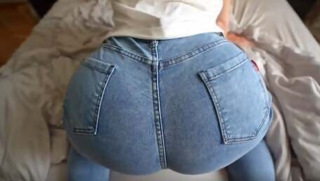 Slutty girl in ripped jeans with a big ass takes a fat dick in her tight pussy