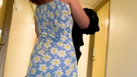 Sun dress Redhead gets a mouthful of dick while husban is away